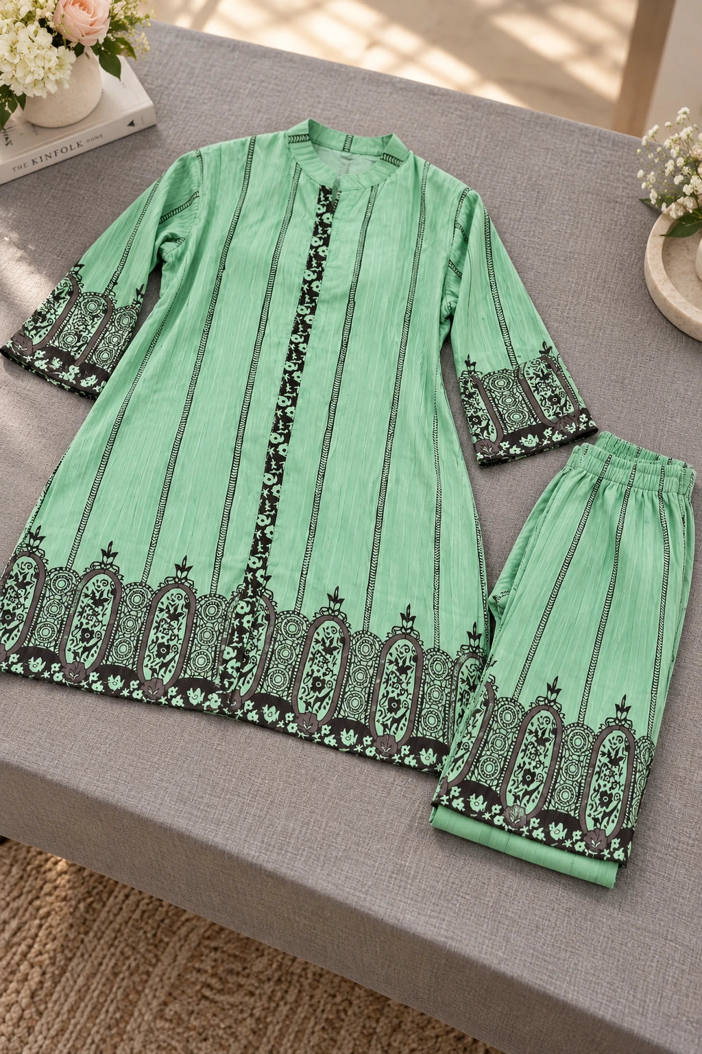Mint green printed tunic co-ord, still life