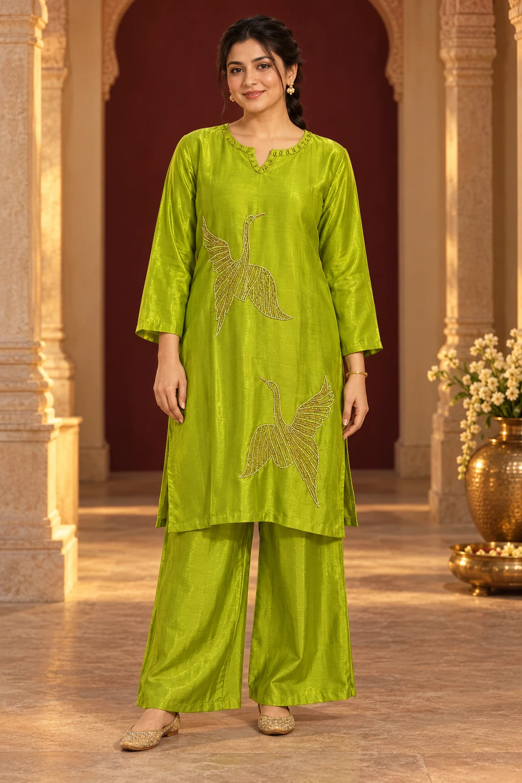 Lime green katdana bird co-ord, front view