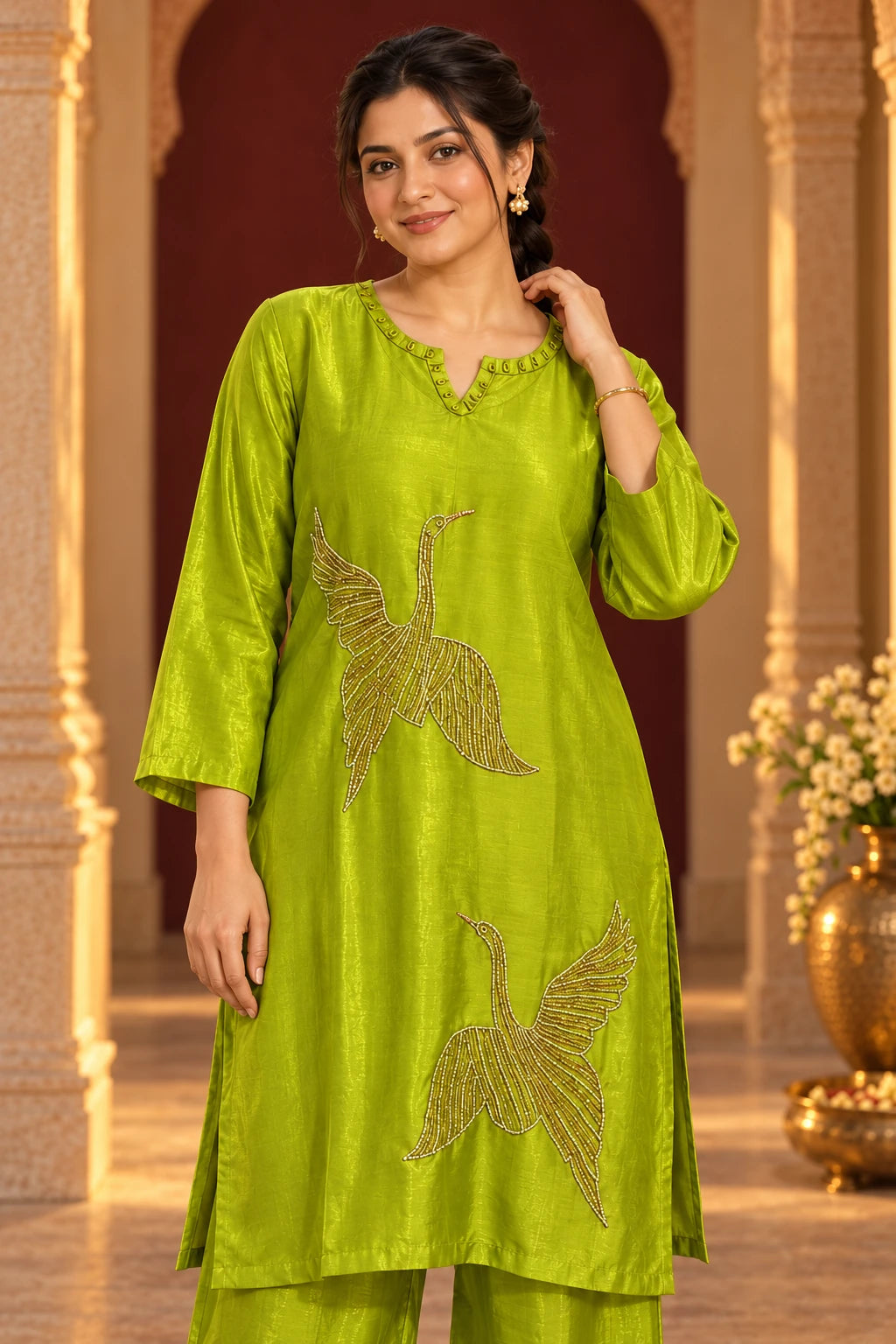 Lime green katdana bird co-ord, close-up