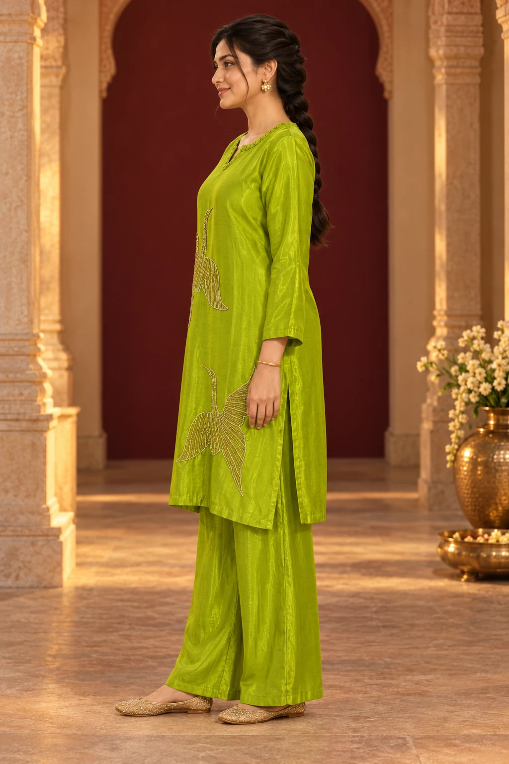 Lime green katdana bird co-ord, side profile