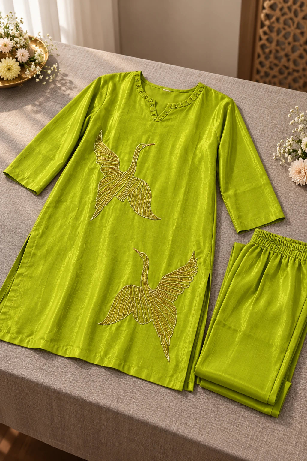 Lime green katdana bird co-ord, still life