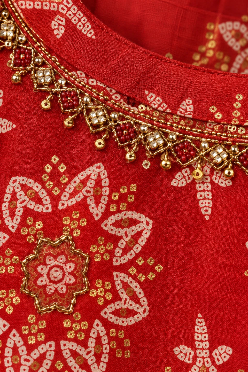 Red jaipuria print embellished co-ord, work detail