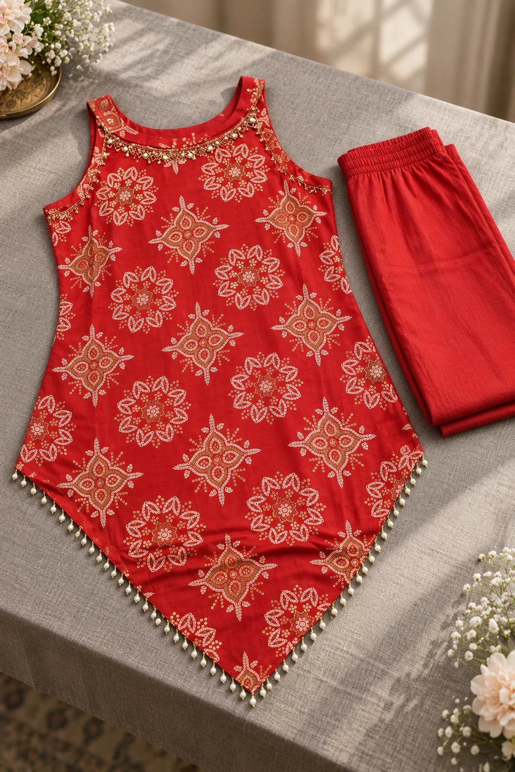 Red jaipuria print embellished co-ord, still life