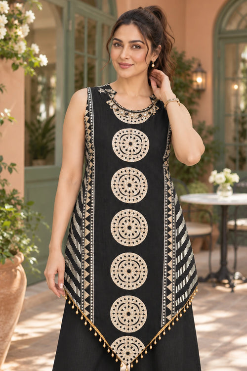 Black geometric print embellished co-ord, close-up
