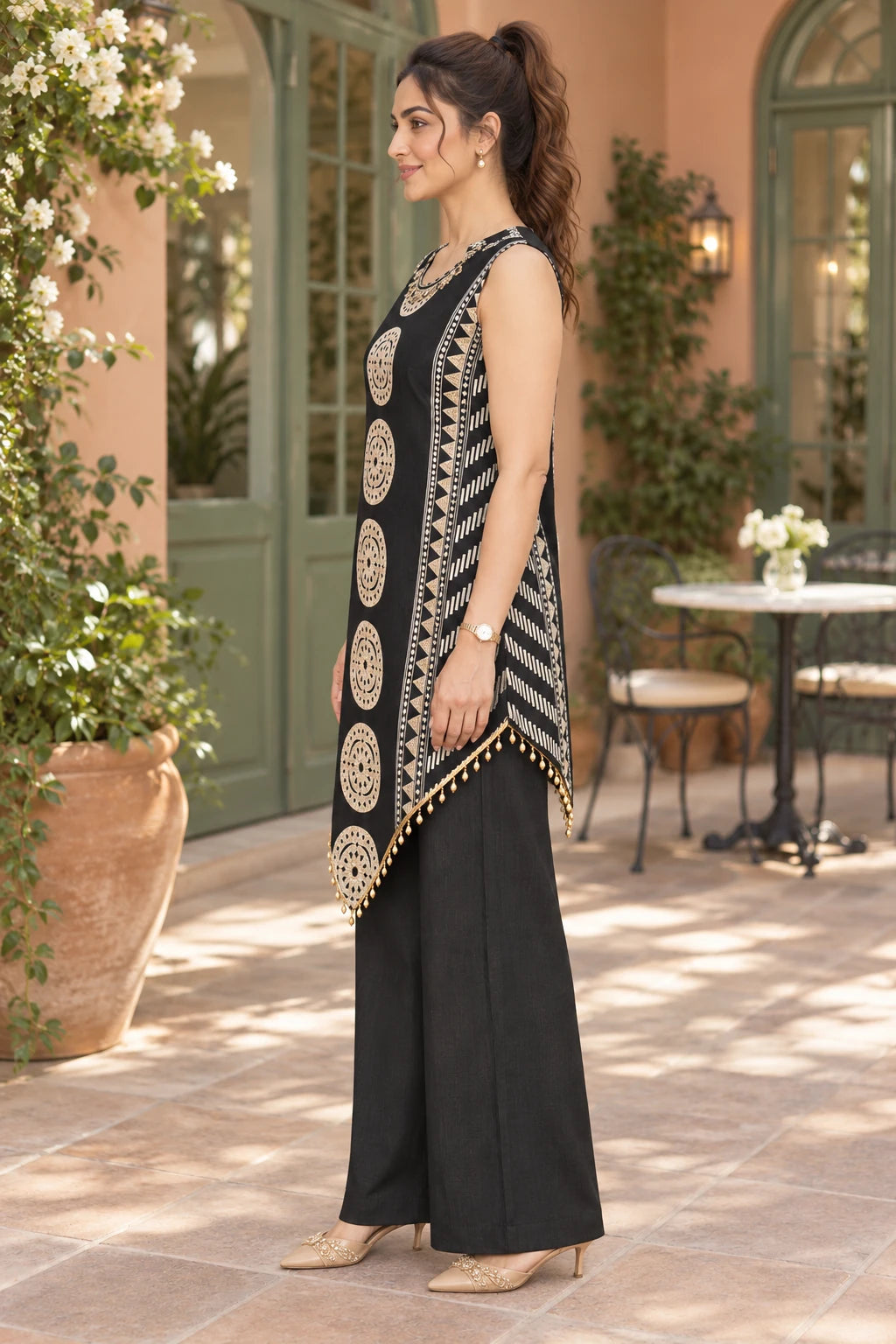 Black geometric print embellished co-ord, side profile