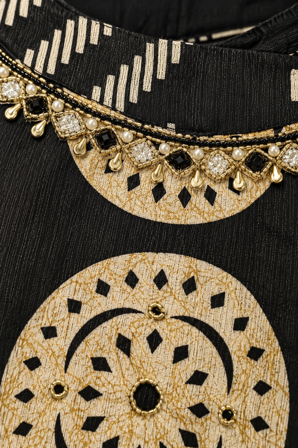 Black geometric print embellished co-ord, work detail
