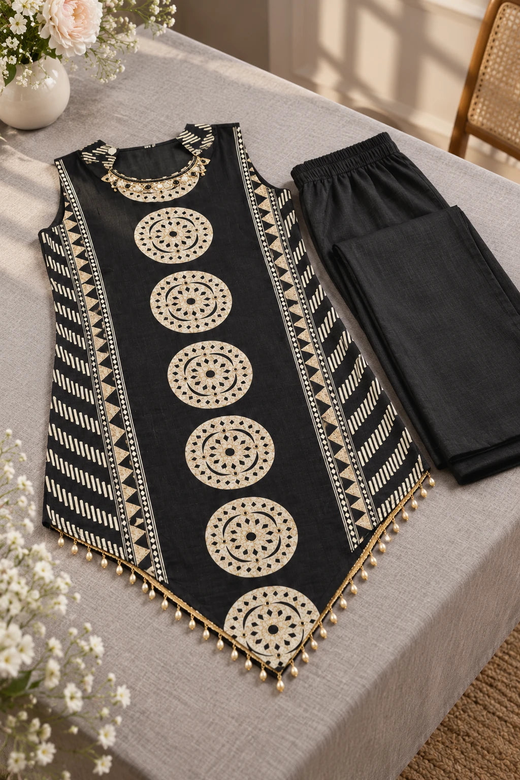 Black geometric print embellished co-ord, still life