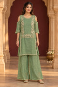 Sage green silver zari work co-ord, front view
