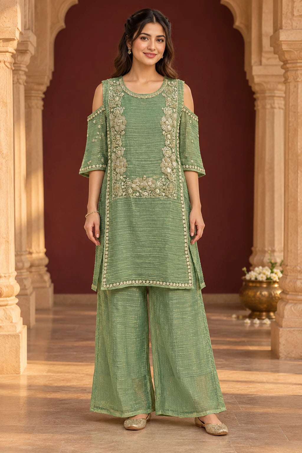 Sage green silver zari work co-ord, front view