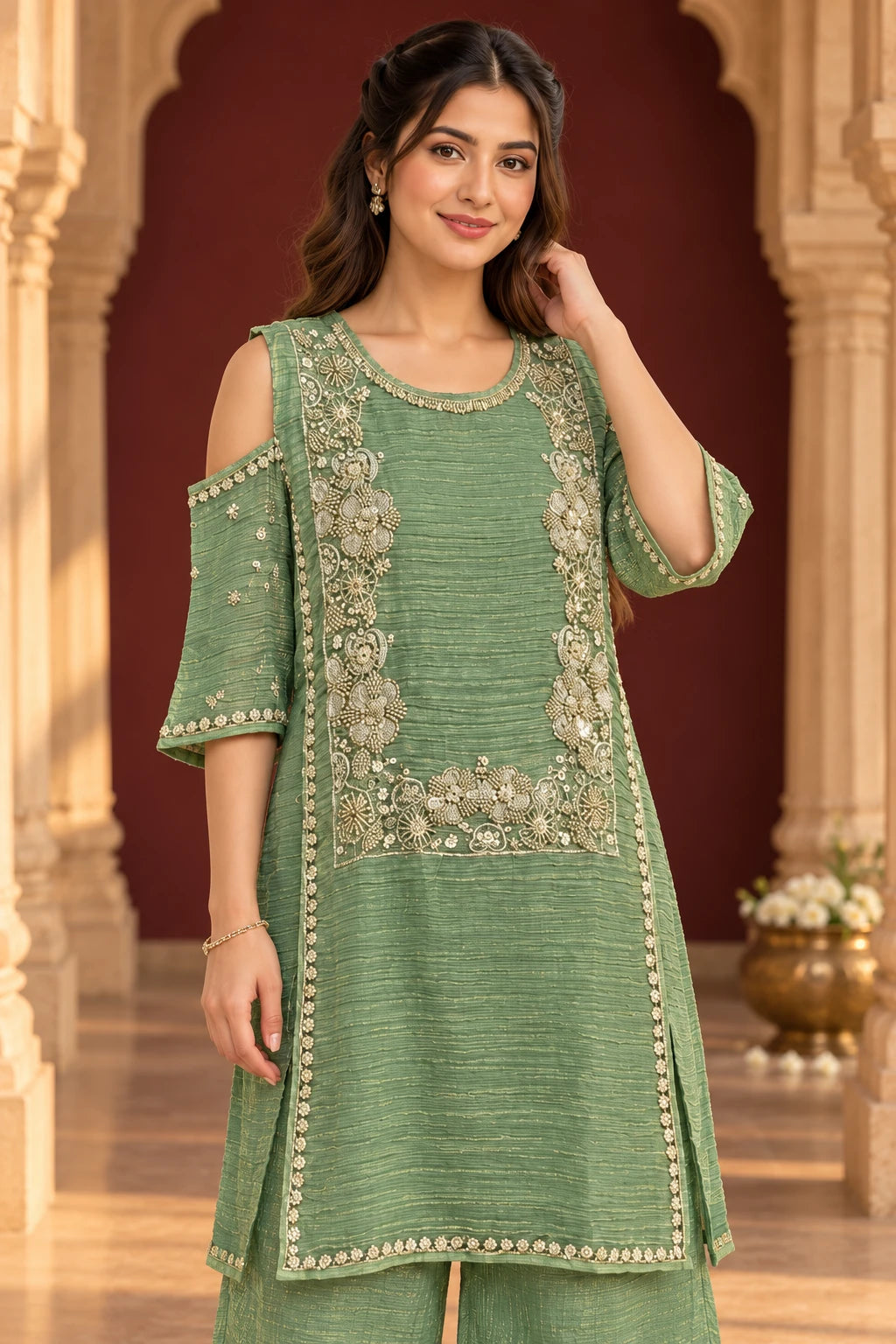 Sage green silver zari work co-ord, close-up