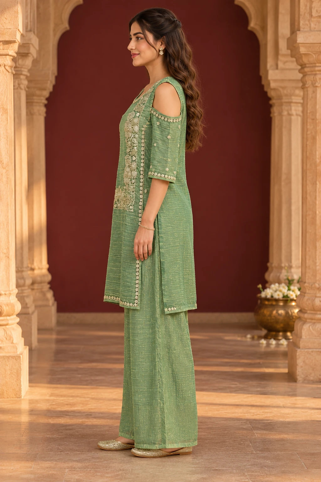Sage green silver zari work co-ord, side profile