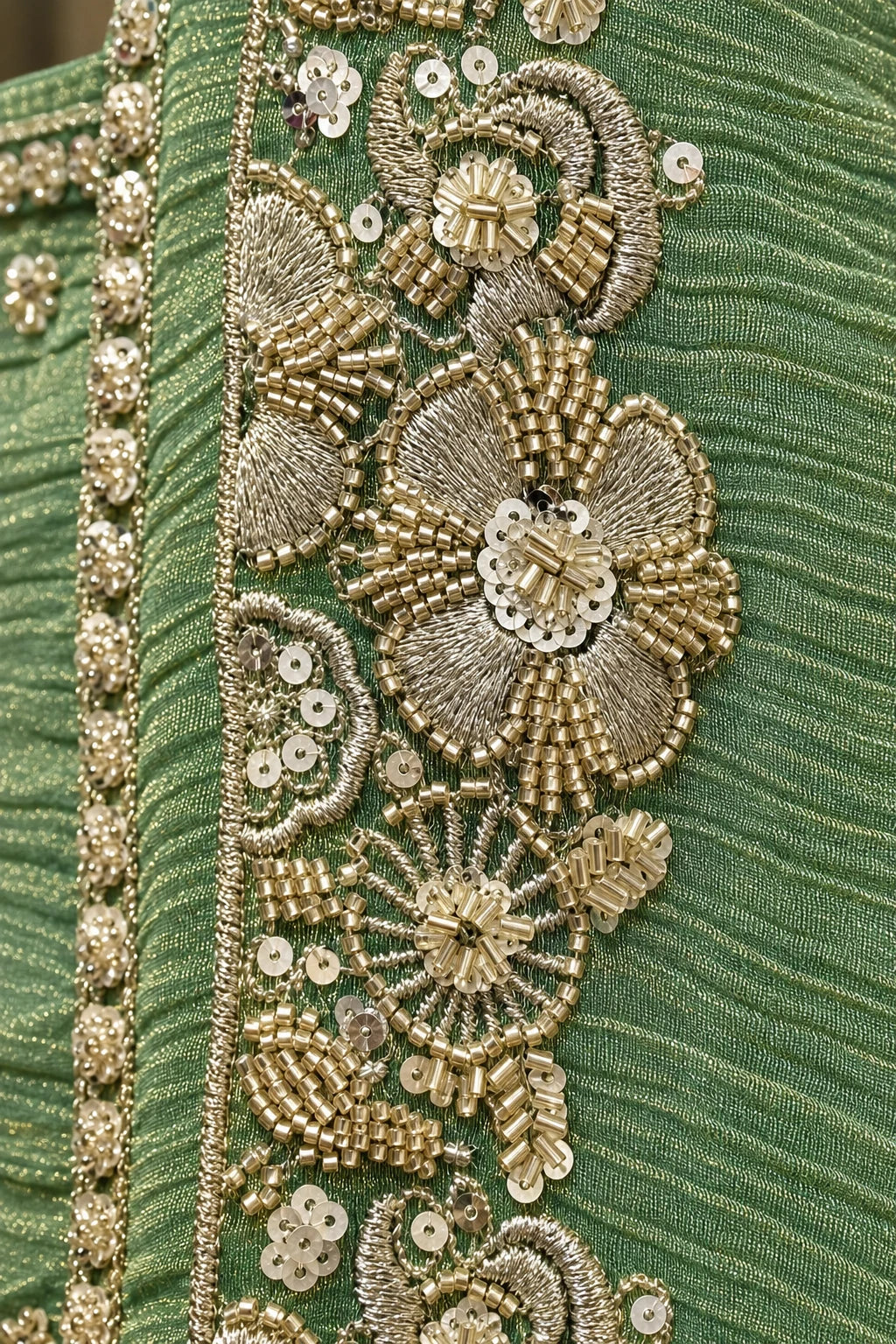 Sage green silver zari work co-ord, work detail