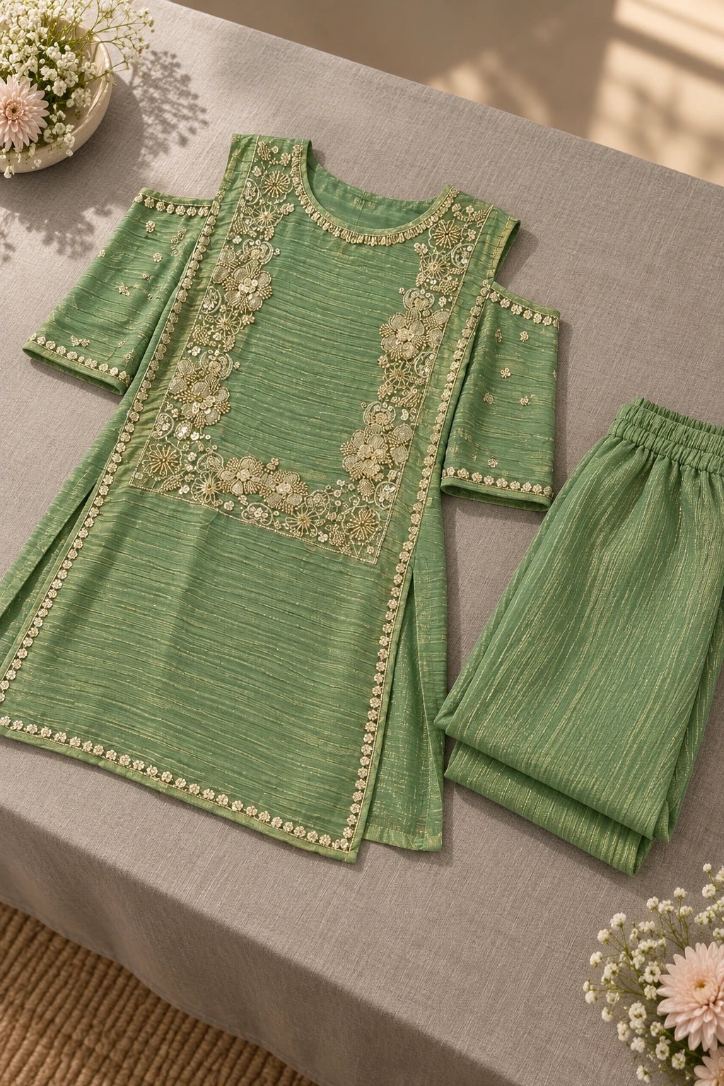 Sage green silver zari work co-ord, still life
