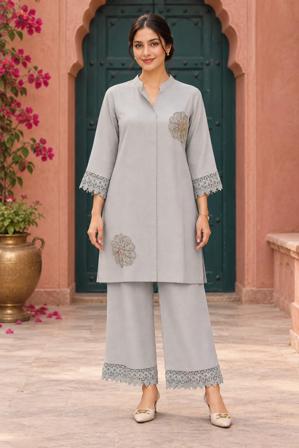 Grey katdana flower lace co-ord, front view