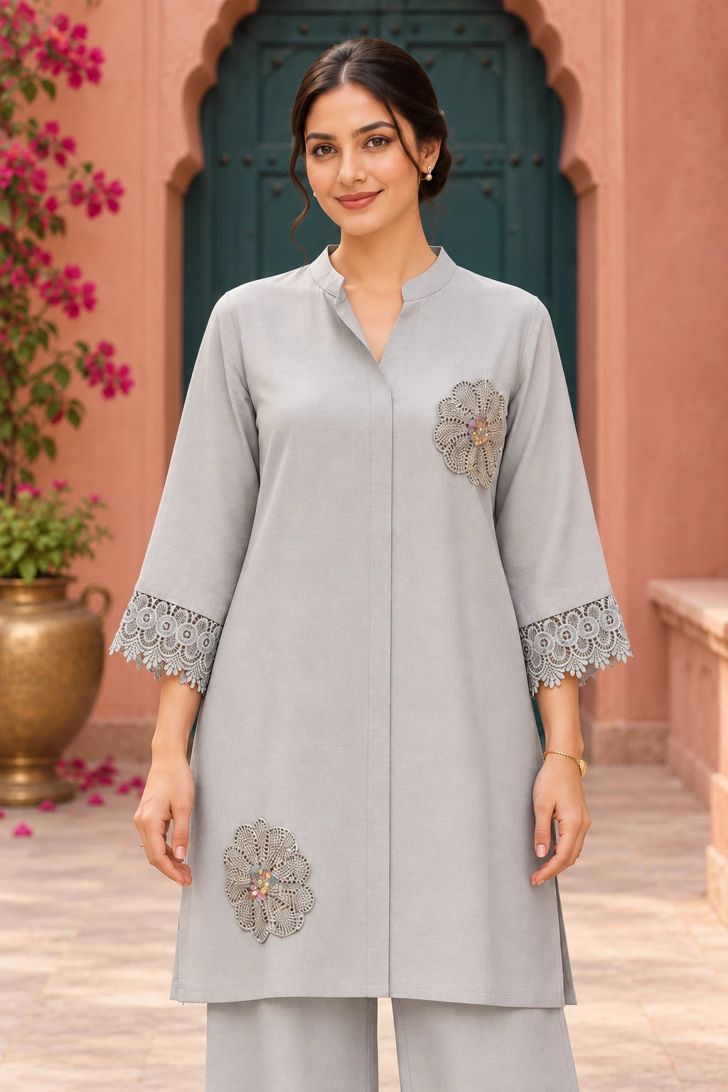 Grey katdana flower lace co-ord, close-up