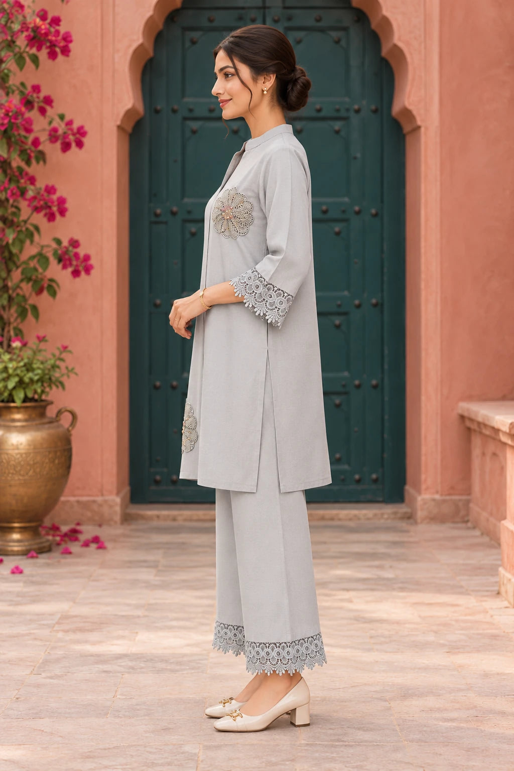 Grey katdana flower lace co-ord, side profile