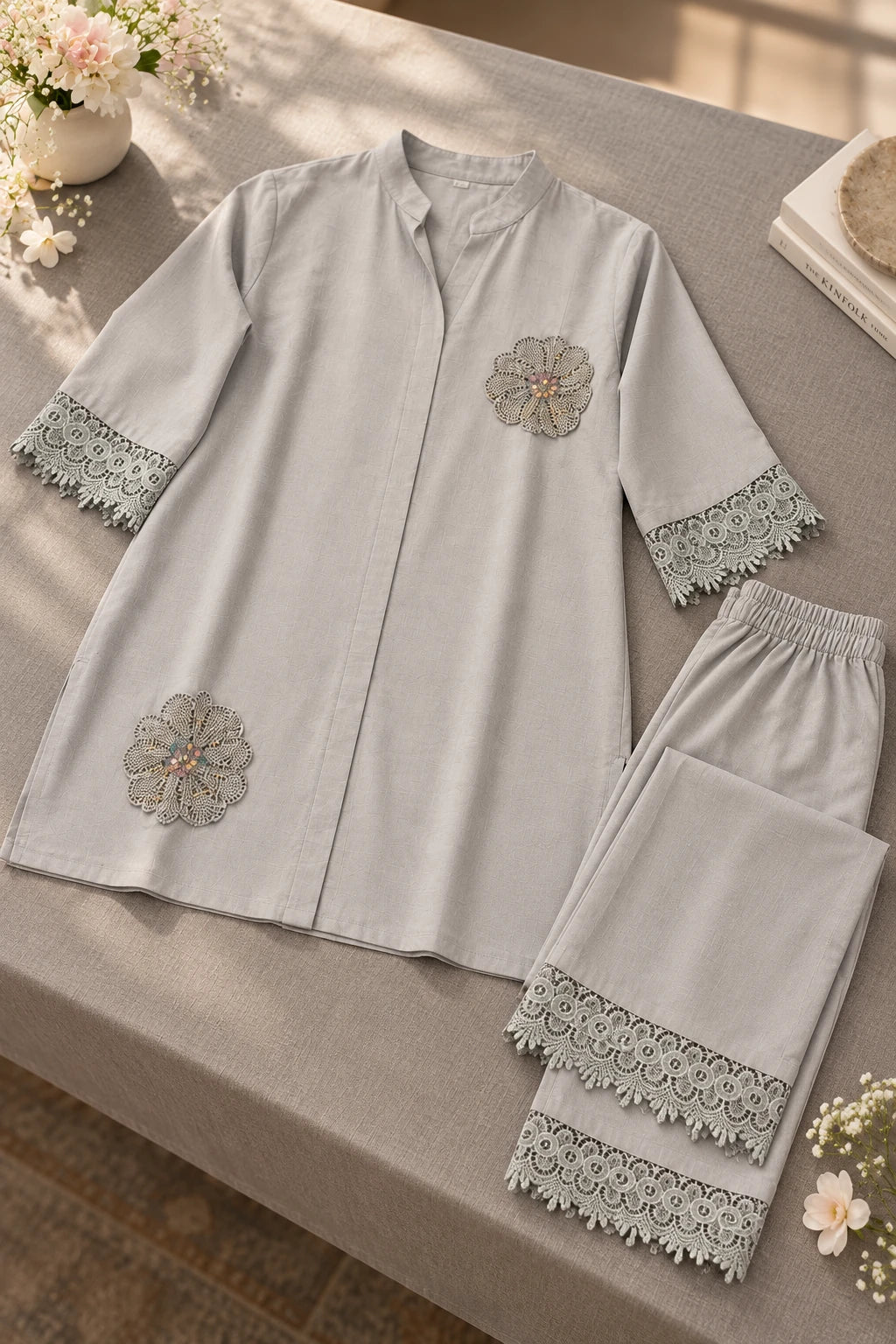 Grey katdana flower lace co-ord, still life