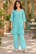 Sky blue embroidered co-ord, front view