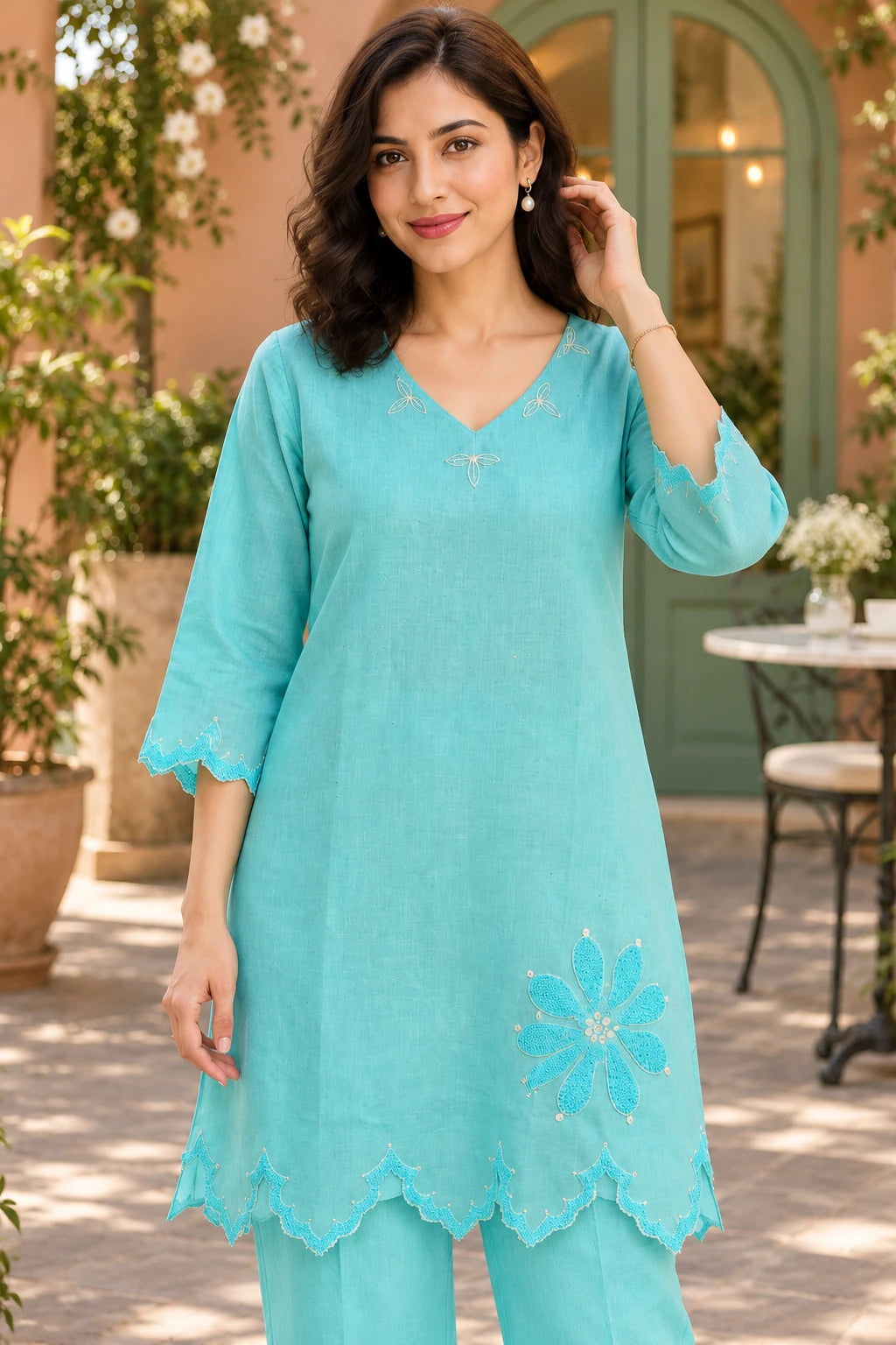 Sky blue embroidered co-ord, close-up