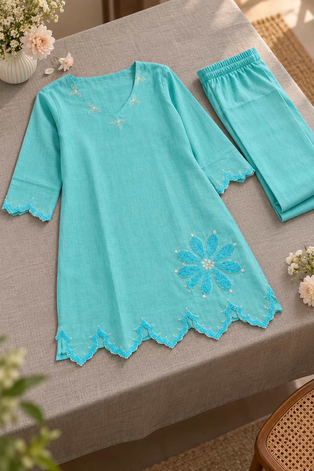 Sky blue embroidered co-ord, still life