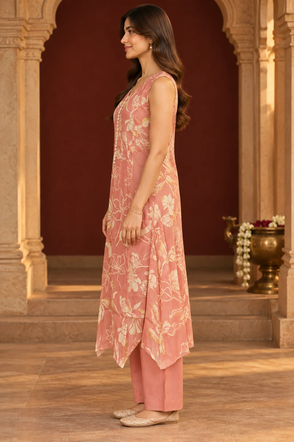 Dusty rose A-line tunic co-ord, side profile
