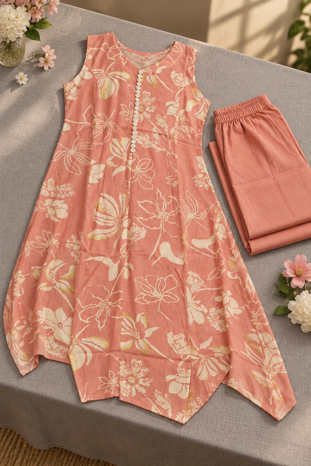 Dusty rose A-line tunic co-ord, still life