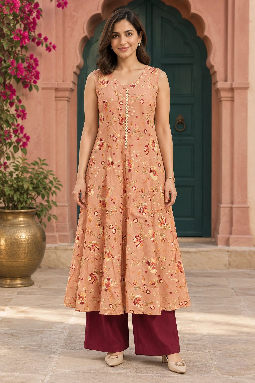 Peach floral tunic co-ord, front view