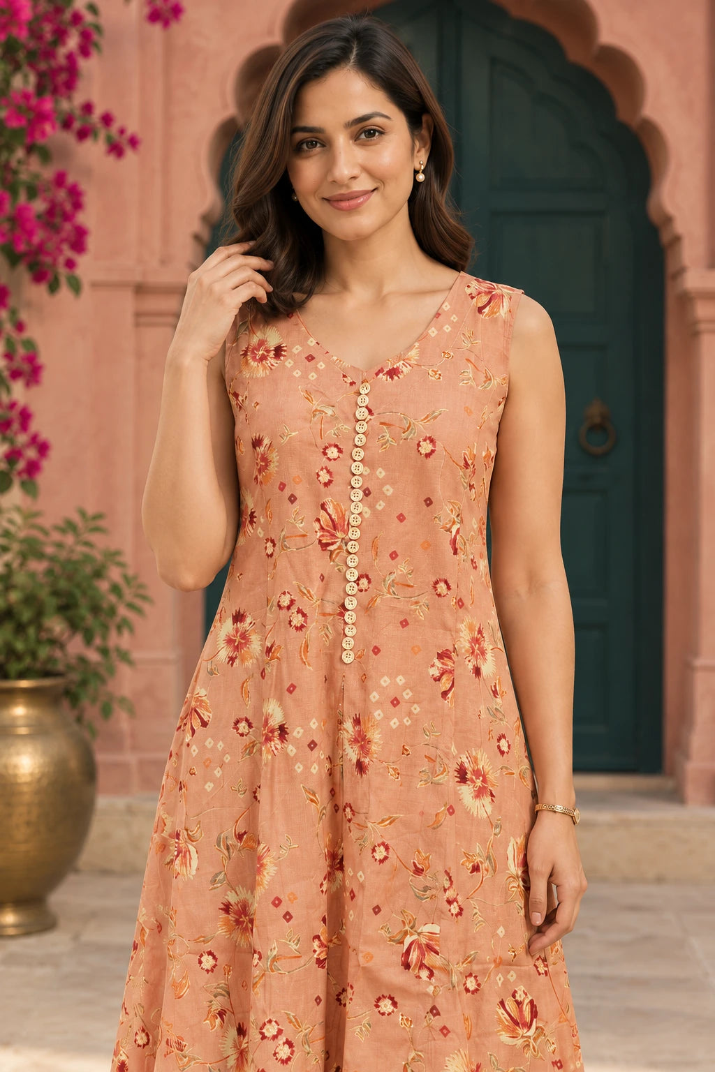 Peach floral tunic co-ord, close-up