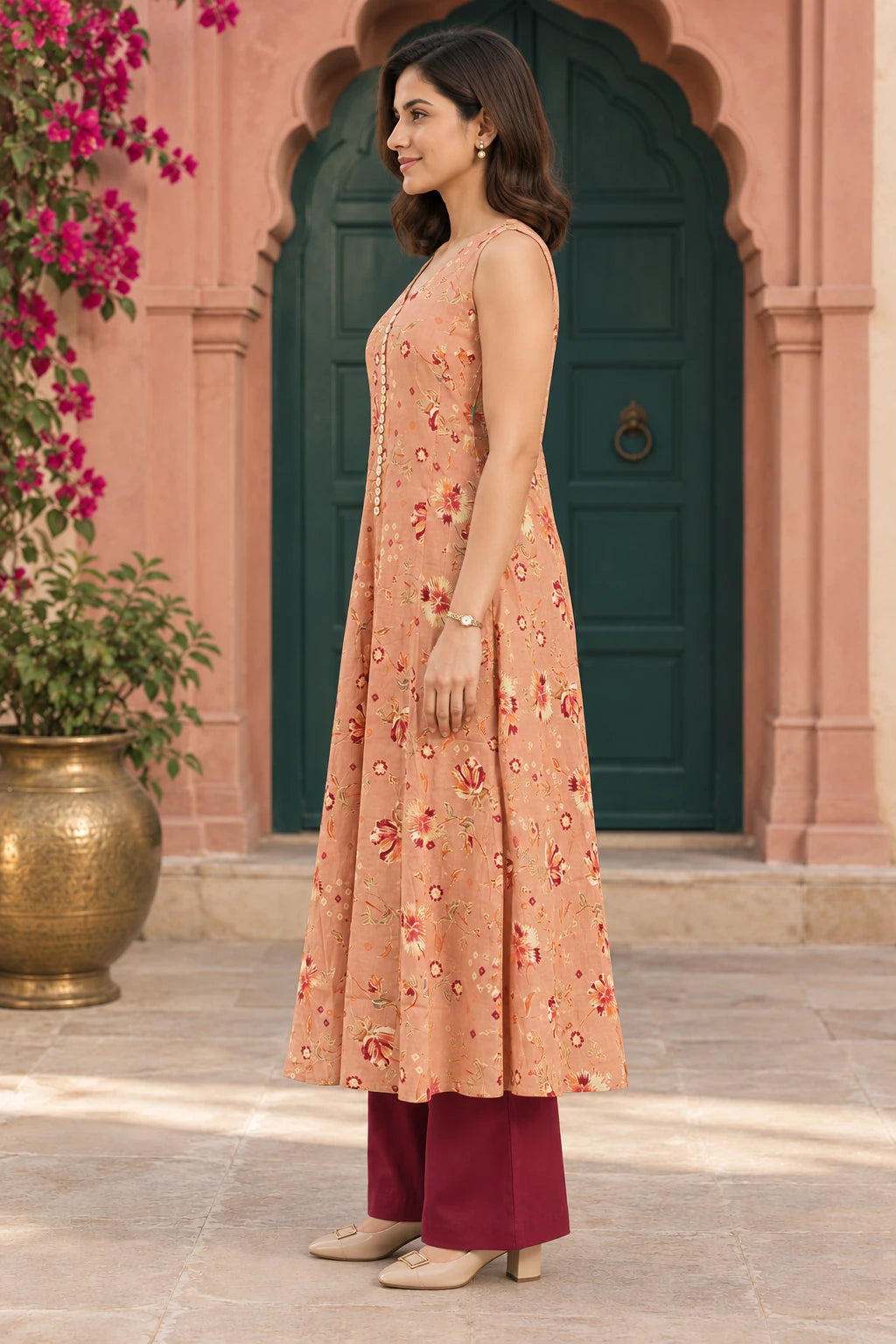 Peach floral tunic co-ord, side profile