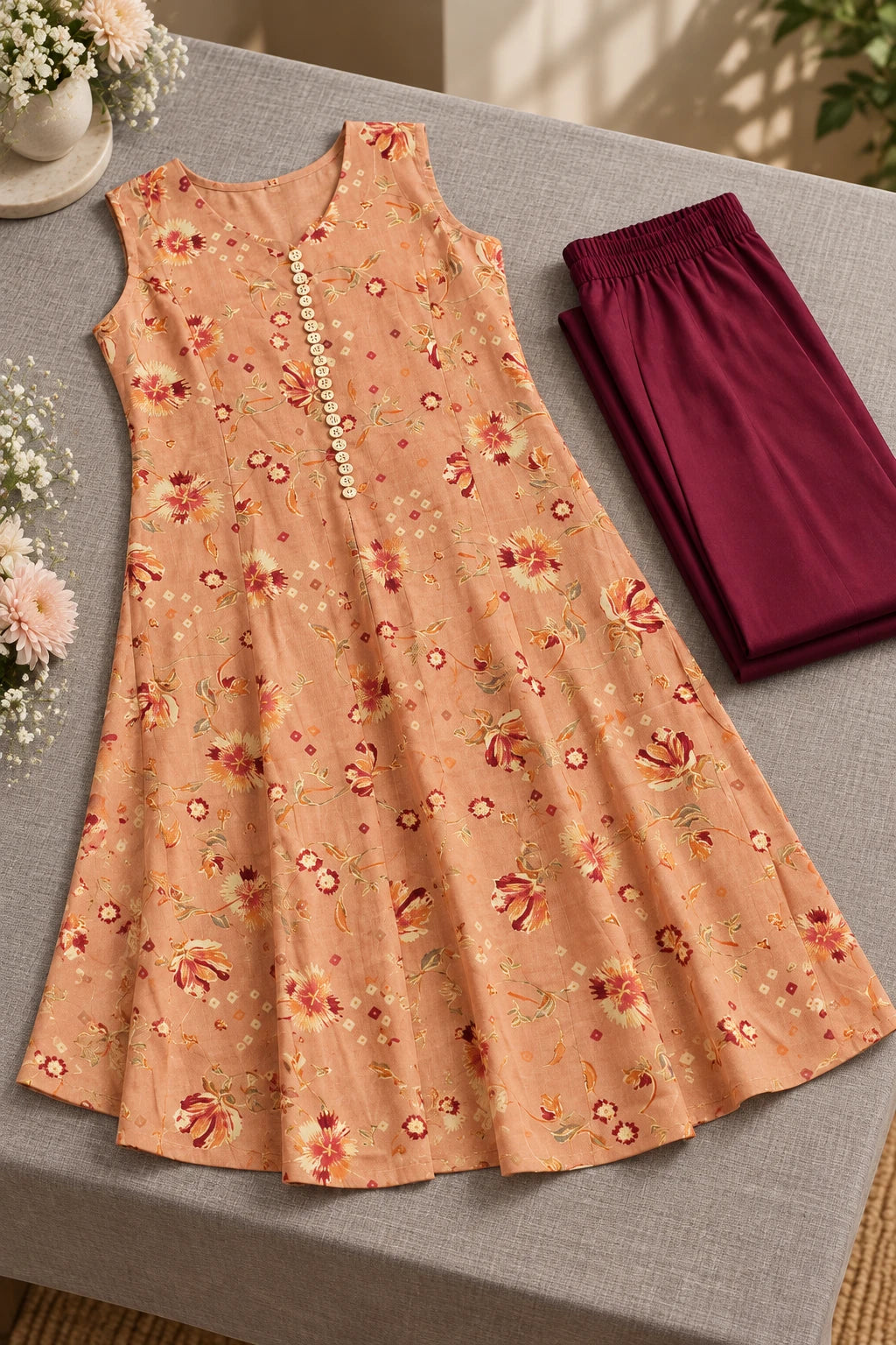 Peach floral tunic co-ord, still life