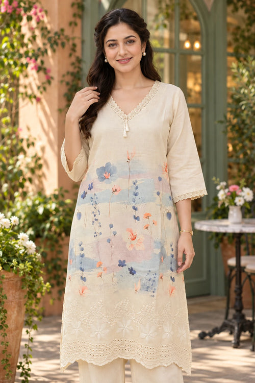 Cream floral print & lace co-ord, close-up