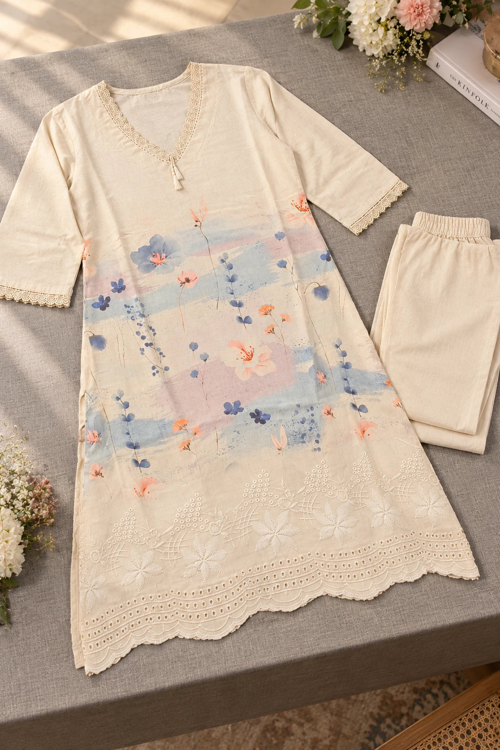 Cream floral print & lace co-ord, still life