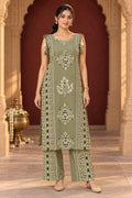 Olive green printed co-ord, front view