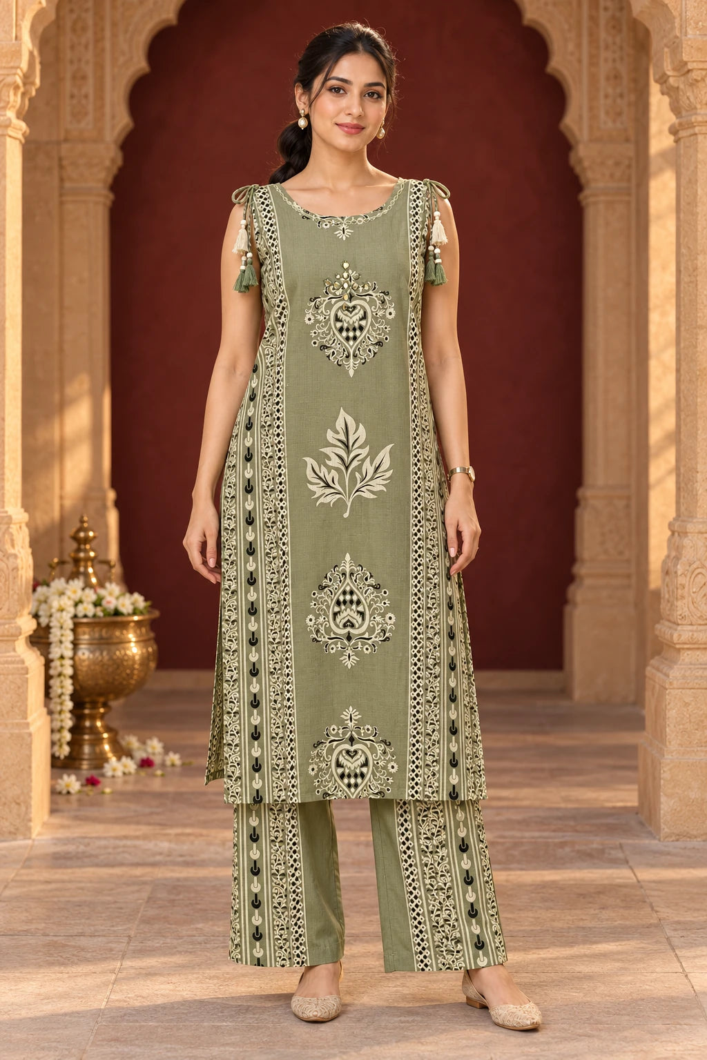 Olive green printed co-ord, front view