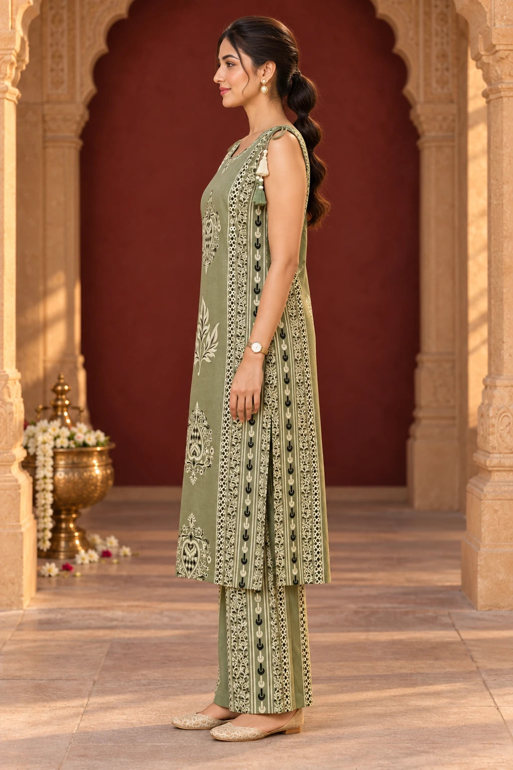 Olive green printed co-ord, side profile