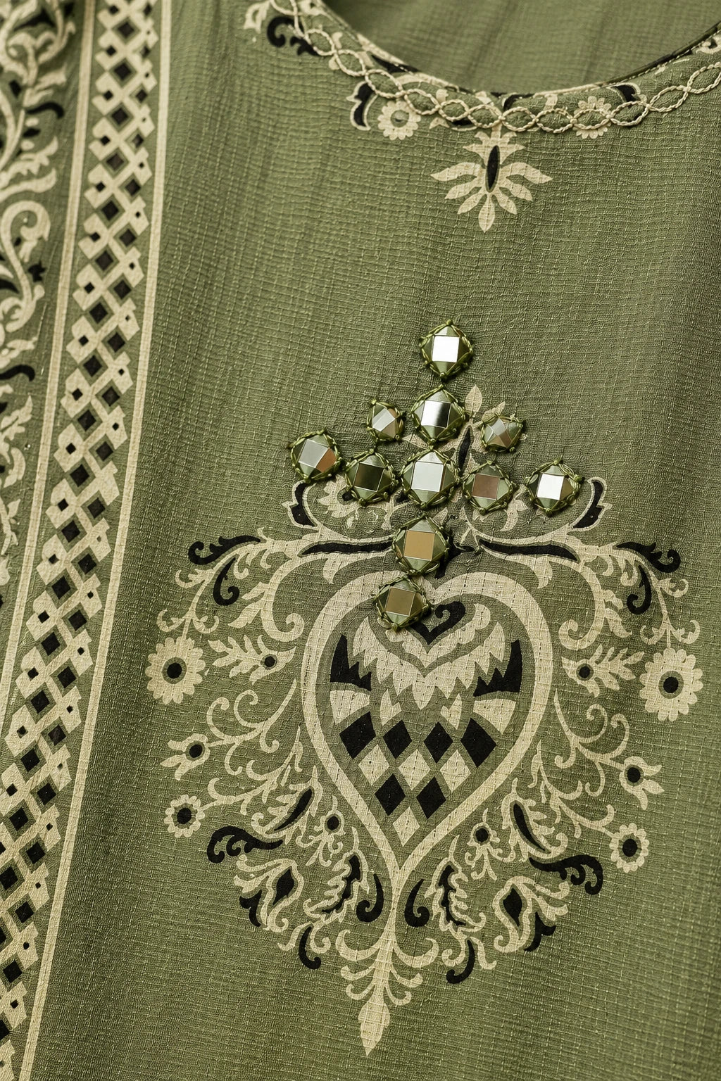 Olive green printed co-ord, work detail