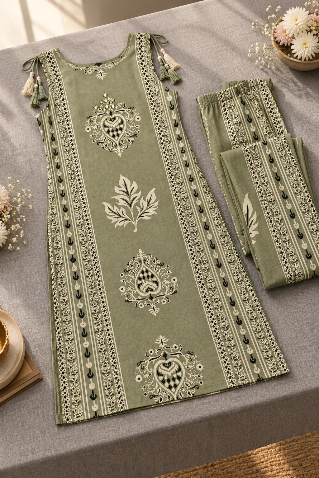 Olive green printed co-ord, still life