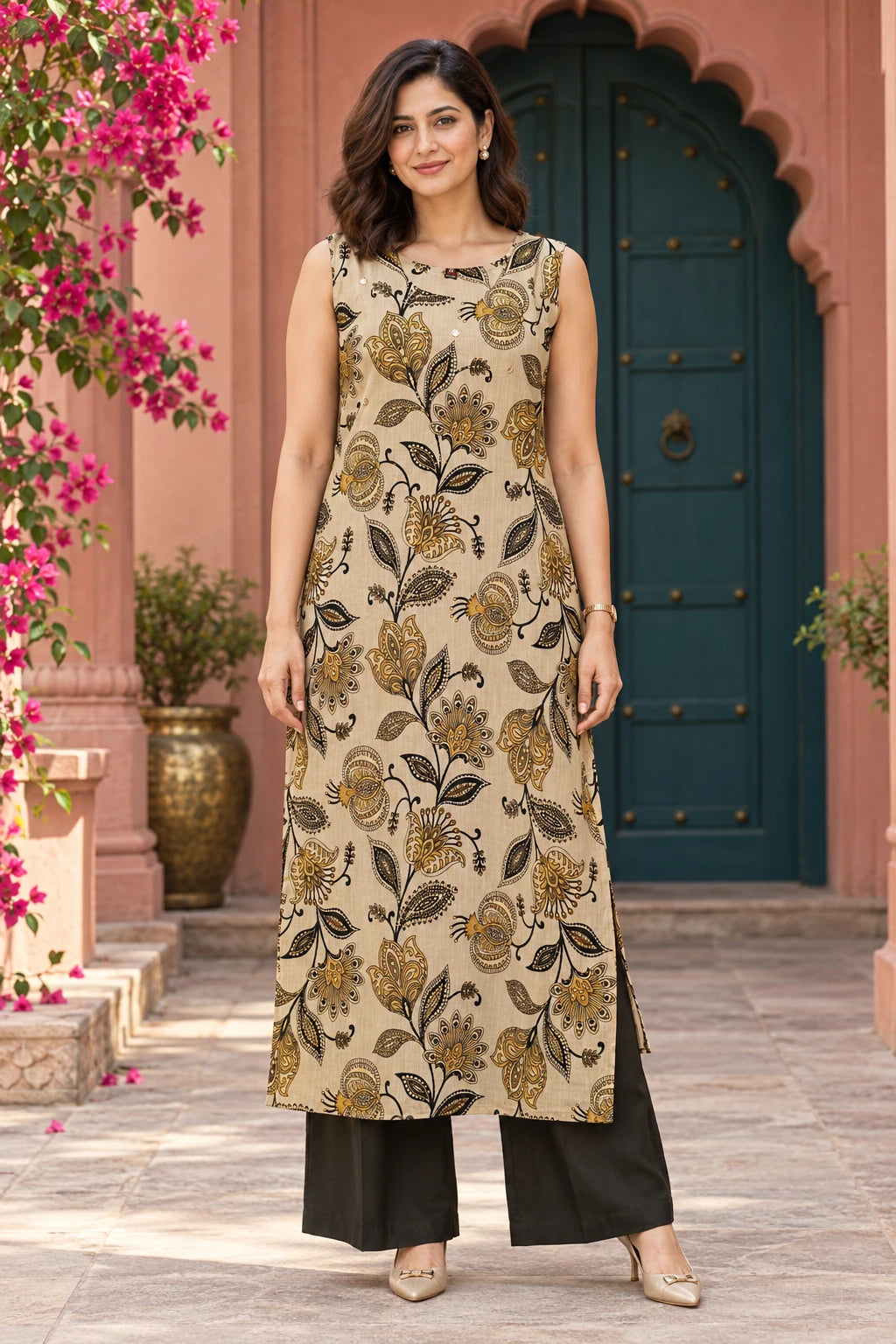 Warm beige black & gold printed co-ord, front view
