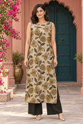 Warm beige black & gold printed co-ord, front view