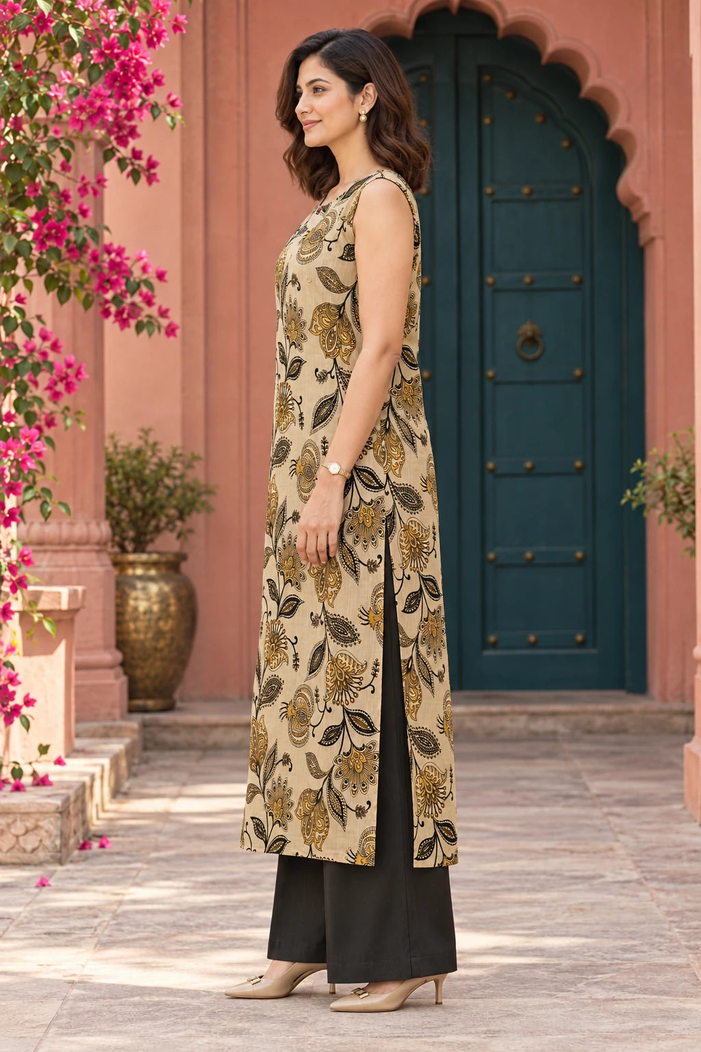 Warm beige black & gold printed co-ord, side profile