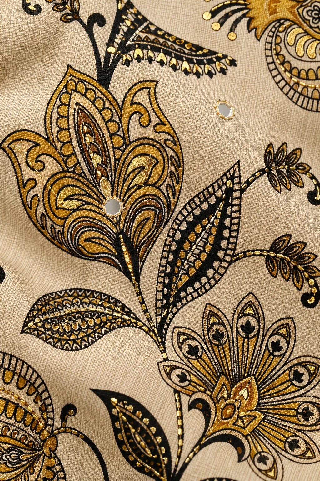 Warm beige black & gold printed co-ord, work detail