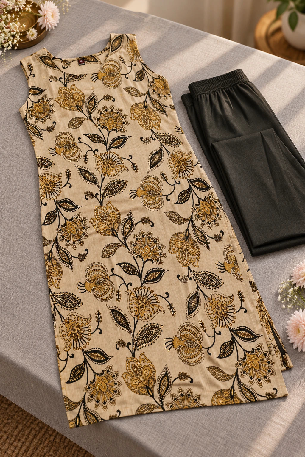 Warm beige black & gold printed co-ord, still life
